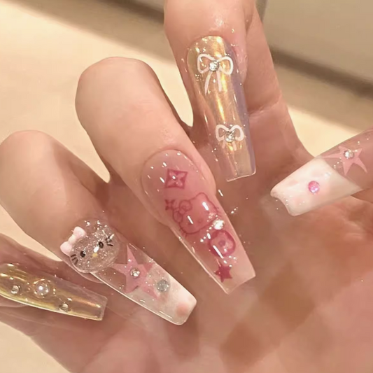 Purely hand-made pink cartoon girl's heart dreamy first love Kitty nail stickers