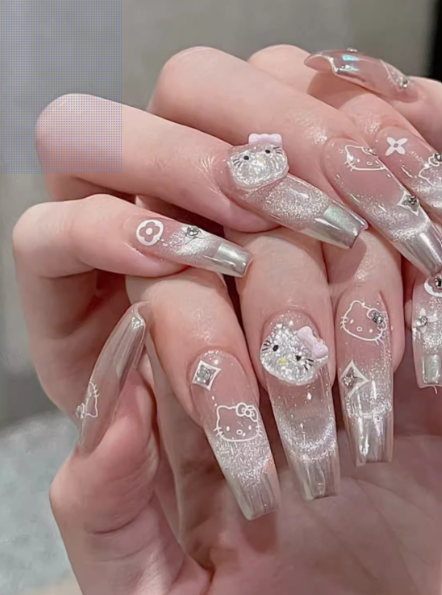 Purely handmade wearable nails long flashing French magic mirror cat eye kitty whitening internet celebrity hot style 2024 nail art