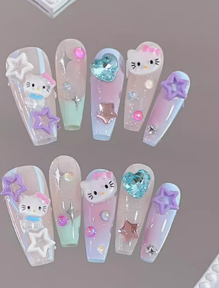 Summer dopamine wearable nails pure handmade long cute Kitty nail art finished wearable false nail patches