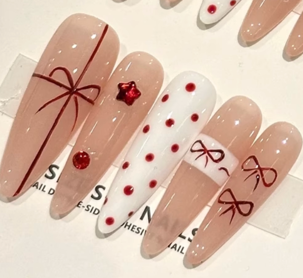 Manicure wear nails white red polka dot bow ins high-end hand-made wear nails