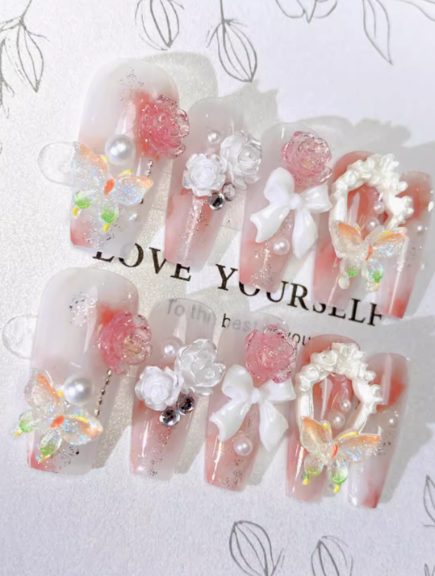 Pure handmade wearable nails 2024 summer nude pink gradient gentle white butterfly rose bridal nail art medium and long